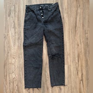 Black Distressed Button-Fly High Rise Jeans